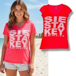 Siesta Key Beach Souvenir T-Shirt - Ocean Blue - Size Medium - Bright Pink 🍭
